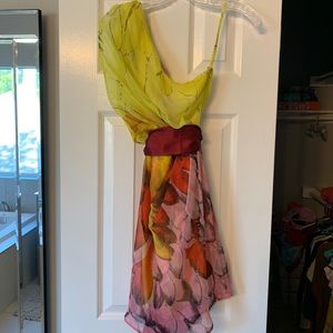One shoulder yellow dress with satin sash